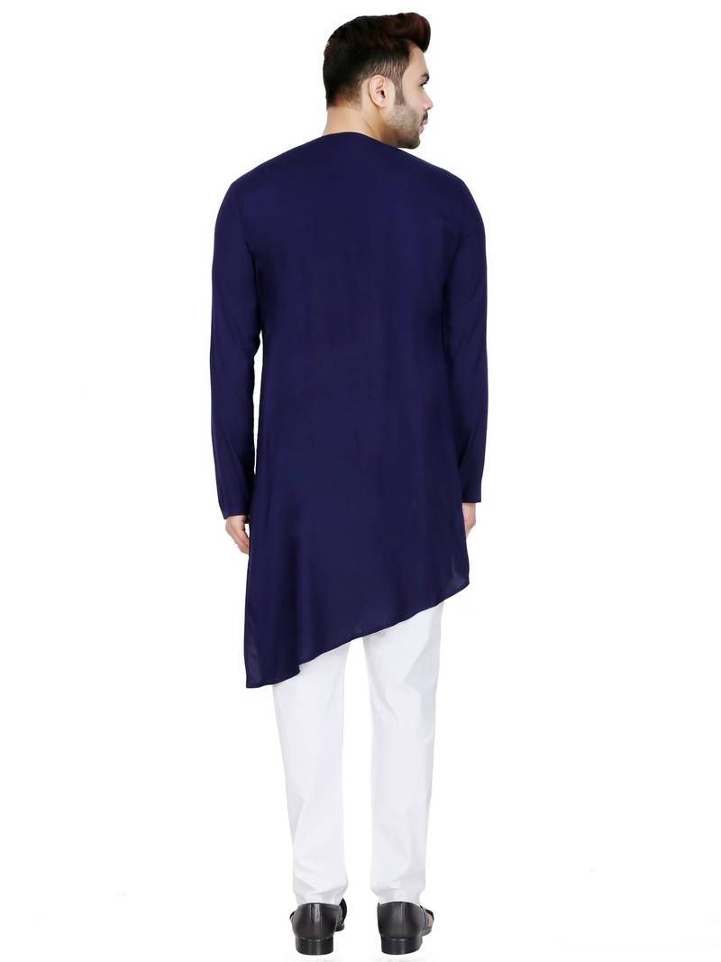 Designer navy blue rayon kurta set with white pants