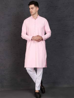 Baby pink cotton kurta set with stylish white pants 1