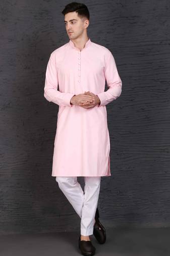 Baby pink cotton kurta set with stylish white pants