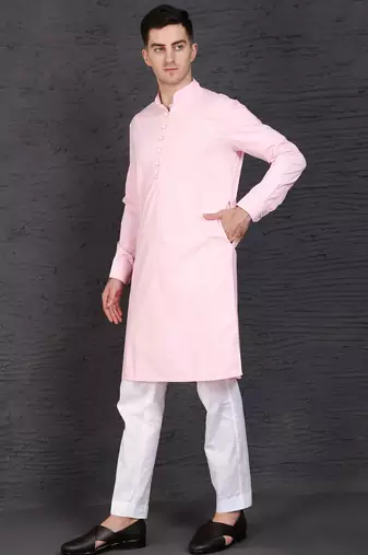 Baby pink cotton kurta set with stylish white pants