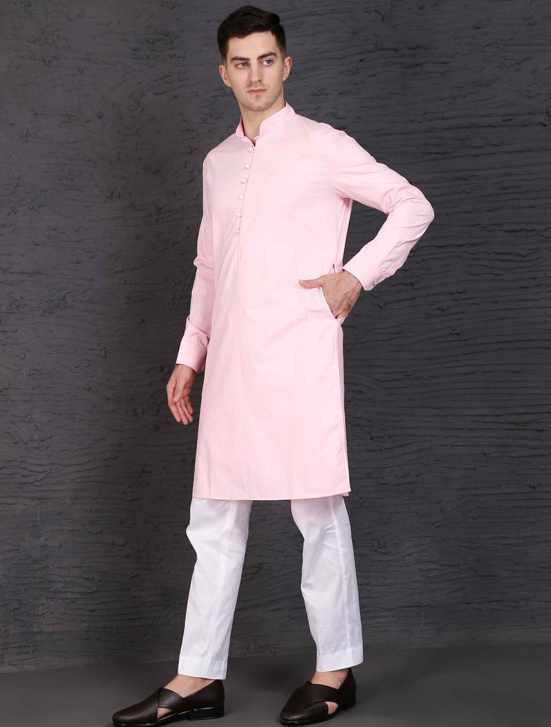 Baby pink cotton kurta set with stylish white pants