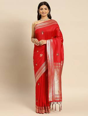 Red Jacquard Silk Zari Woven Border & Buta Work Saree With Unstitched Blouse Piece 1