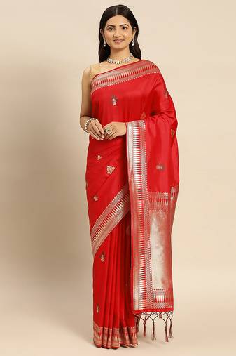 Red Jacquard Silk Zari Woven Border & Buta Work Saree With Unstitched Blouse Piece