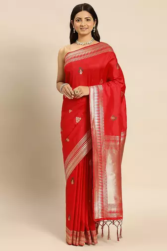 Red Jacquard Silk Zari Woven Border & Buta Work Saree With Unstitched Blouse Piece