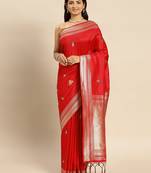 Red Jacquard Silk Zari Woven Border & Buta Work Saree With Unstitched Blouse Piece
