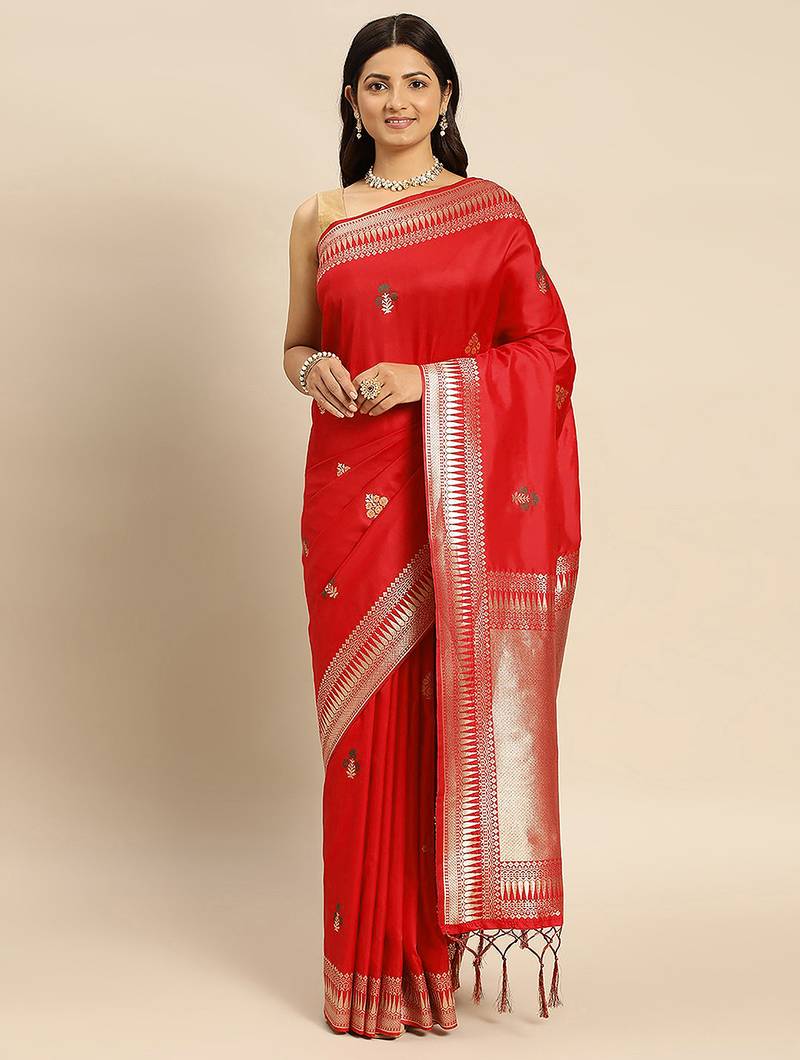 Red Jacquard Silk Zari Woven Border & Buta Work Saree With Unstitched Blouse Piece