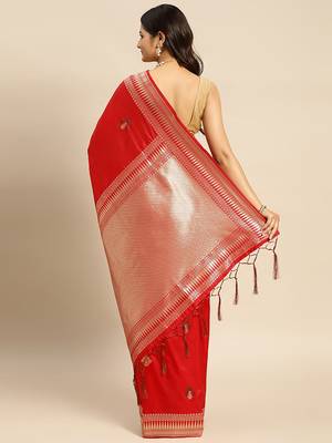 Red Jacquard Silk Zari Woven Border & Buta Work Saree With Unstitched Blouse Piece 2