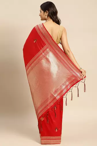 Red Jacquard Silk Zari Woven Border & Buta Work Saree With Unstitched Blouse Piece