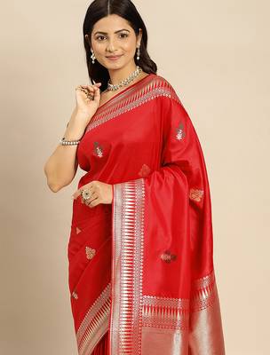 Red Jacquard Silk Zari Woven Border & Buta Work Saree With Unstitched Blouse Piece 3