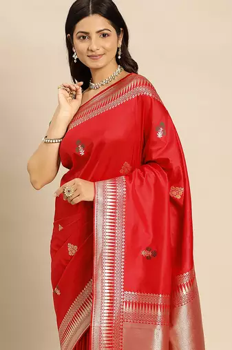 Red Jacquard Silk Zari Woven Border & Buta Work Saree With Unstitched Blouse Piece