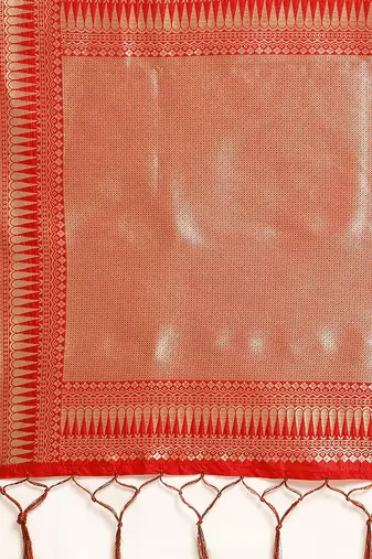 Red Jacquard Silk Zari Woven Border & Buta Work Saree With Unstitched Blouse Piece