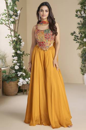 Yellow Art Silk Embroidery Sequence Work Kurta Palazzo Dupatta For Women