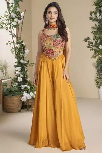 Yellow Art Silk Embroidery Sequence Work Kurta Palazzo Dupatta For Women