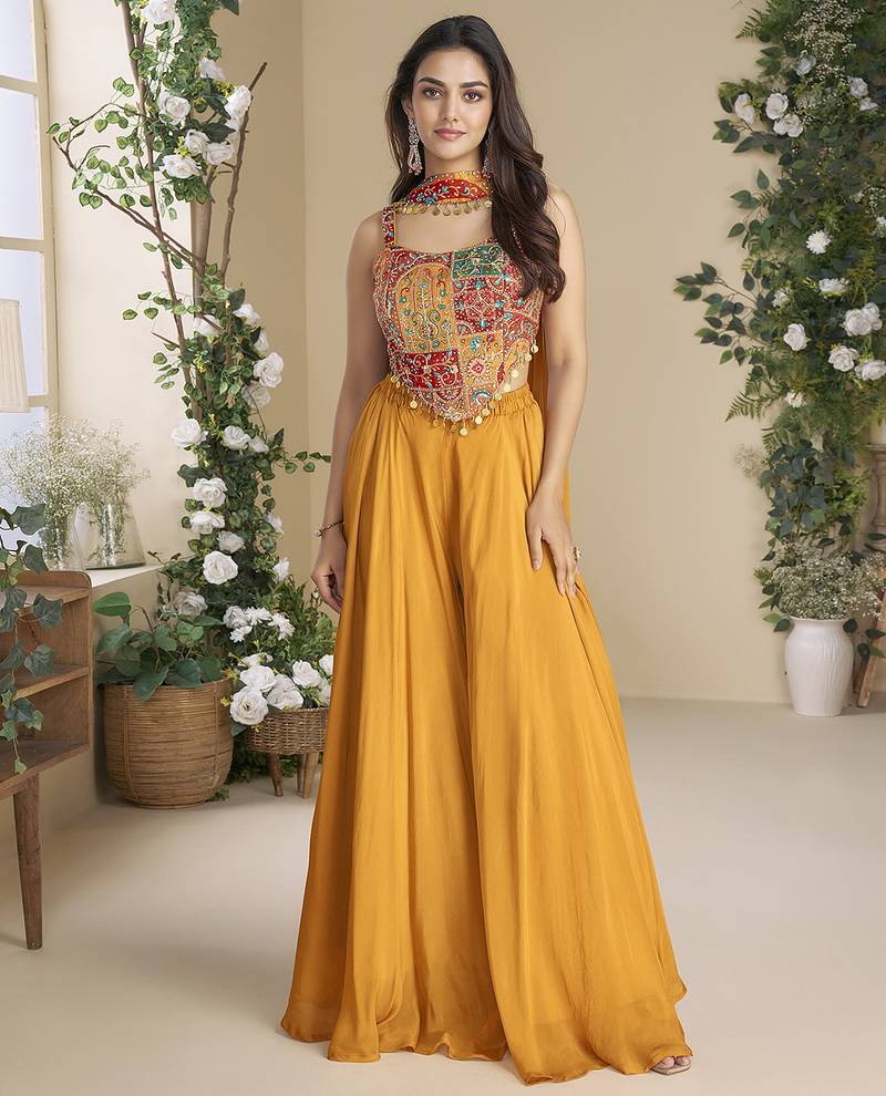 Yellow Art Silk Embroidery Sequence Work Kurta Palazzo Dupatta For Women