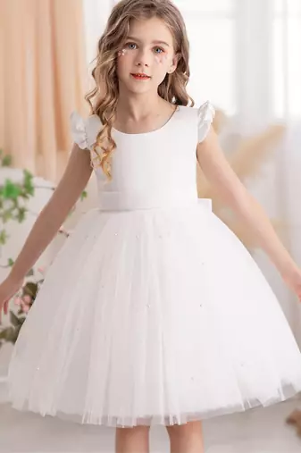 White solid net fit & flare party dress for girls
