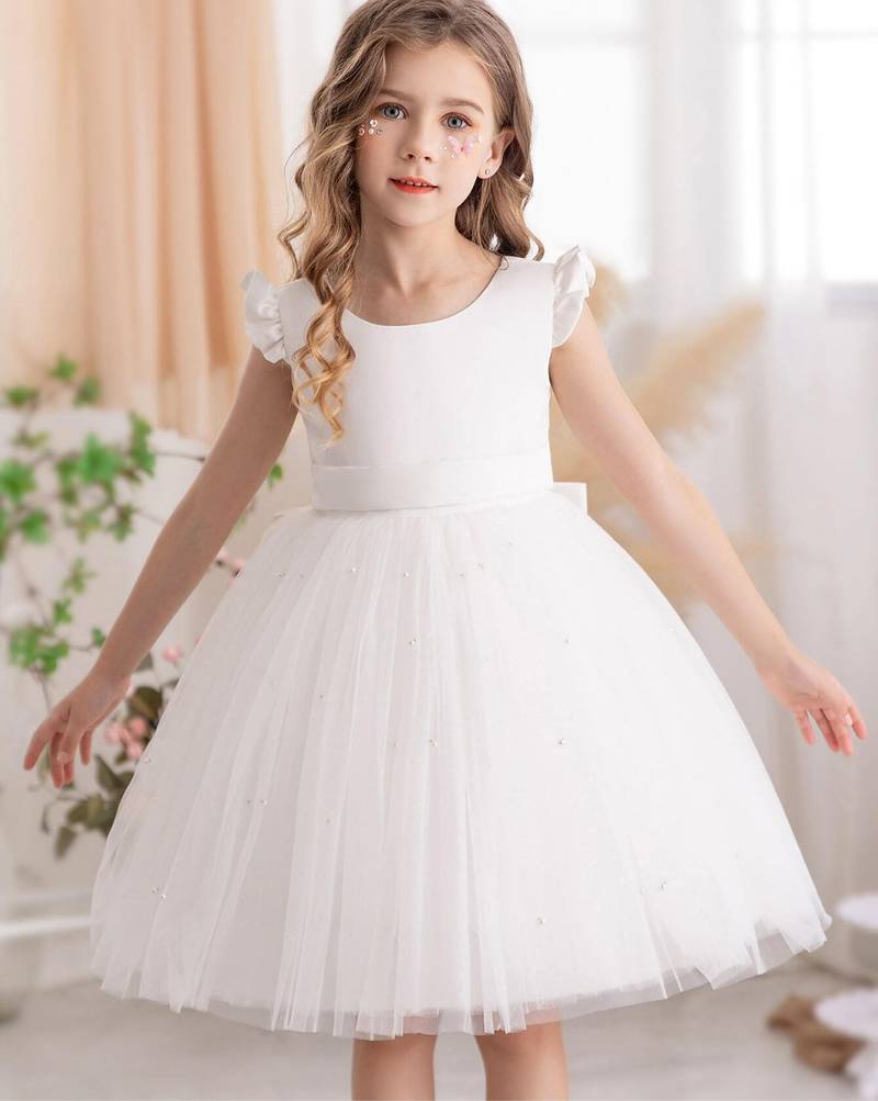 White solid net fit & flare party dress for girls