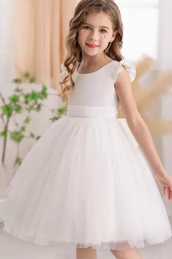 White solid net fit & flare party dress for girls