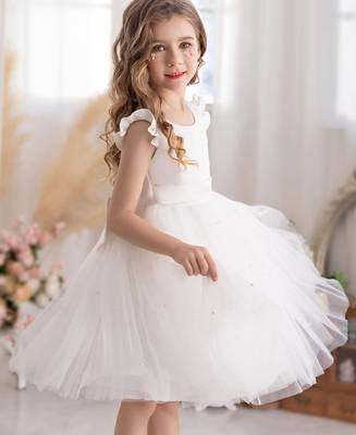 White solid net fit & flare party dress for girls 3
