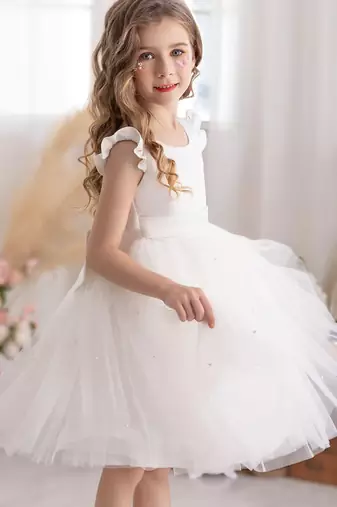 White solid net fit & flare party dress for girls