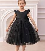 Black solid net fit & flare party dress for girls