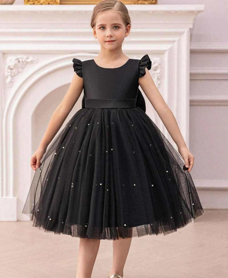 Black solid net fit & flare party dress for girls