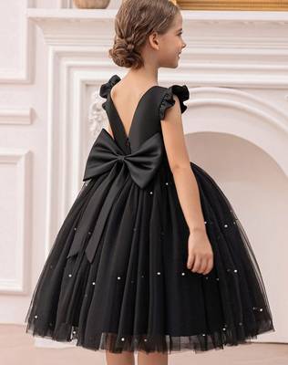 Black solid net fit & flare party dress for girls 2