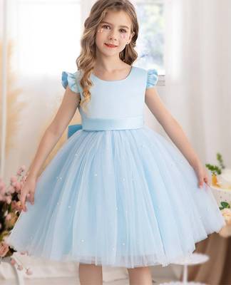 Blue solid net fit & flare party dress for girls 1