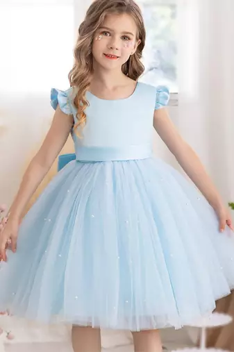 Blue solid net fit & flare party dress for girls