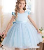 Blue solid net fit & flare party dress for girls