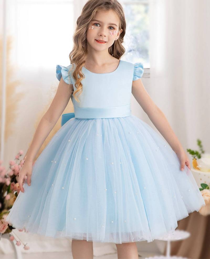 Blue solid net fit & flare party dress for girls