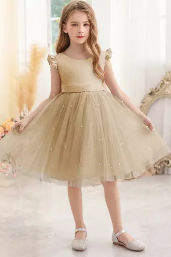 Cream solid net fit & flare party dress for girls