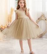 Cream solid net fit & flare party dress for girls