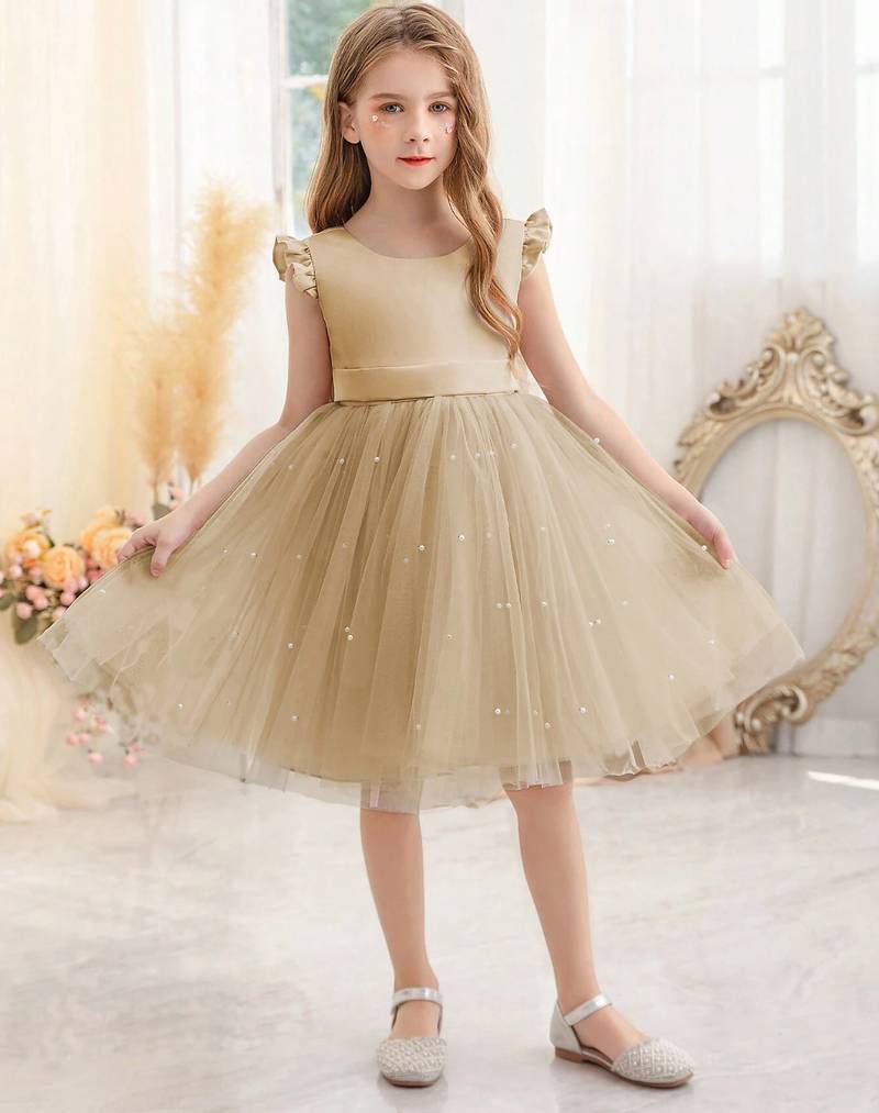 Cream solid net fit & flare party dress for girls