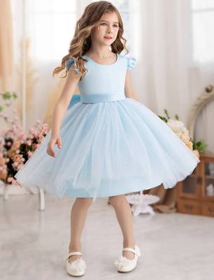 Blue solid net fit & flare party dress for girls 2