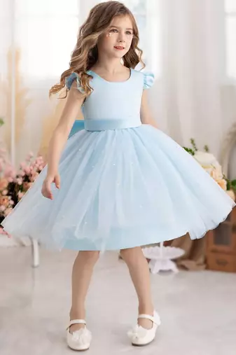 Blue solid net fit & flare party dress for girls