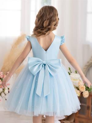 Blue solid net fit & flare party dress for girls 3