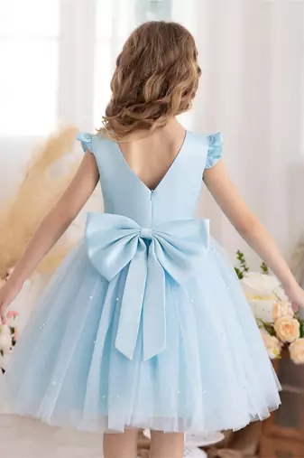 Blue solid net fit & flare party dress for girls
