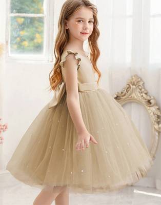 Cream solid net fit & flare party dress for girls 2