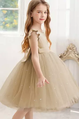 Cream solid net fit & flare party dress for girls