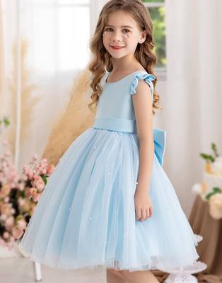 Blue solid net fit & flare party dress for girls 4