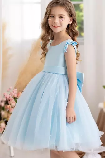 Blue solid net fit & flare party dress for girls
