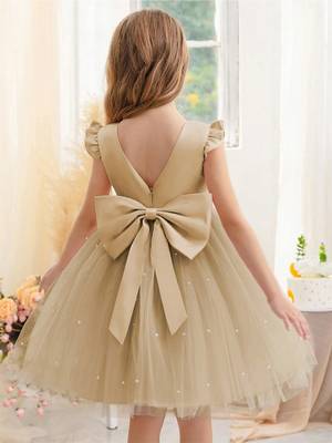 Cream solid net fit & flare party dress for girls 3
