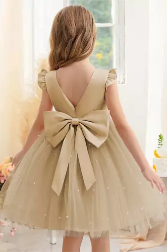 Cream solid net fit & flare party dress for girls