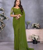 Olive georgette solid saree with embroidery work blouse piece