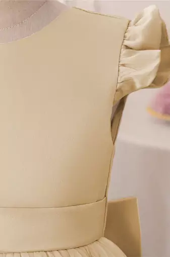 Cream solid net fit & flare party dress for girls