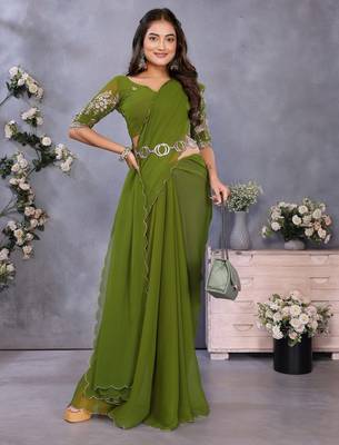 Olive georgette solid saree with embroidery work blouse piece 4