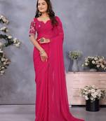 Pink georgette solid saree with embroidery work blouse piece