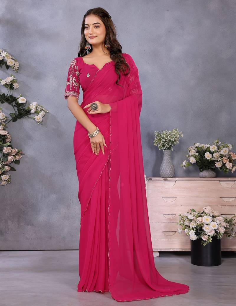 Pink georgette solid saree with embroidery work blouse piece