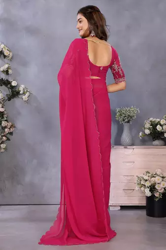 Pink georgette solid saree with embroidery work blouse piece