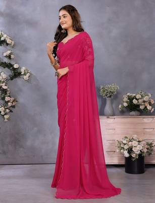 Pink georgette solid saree with embroidery work blouse piece 3